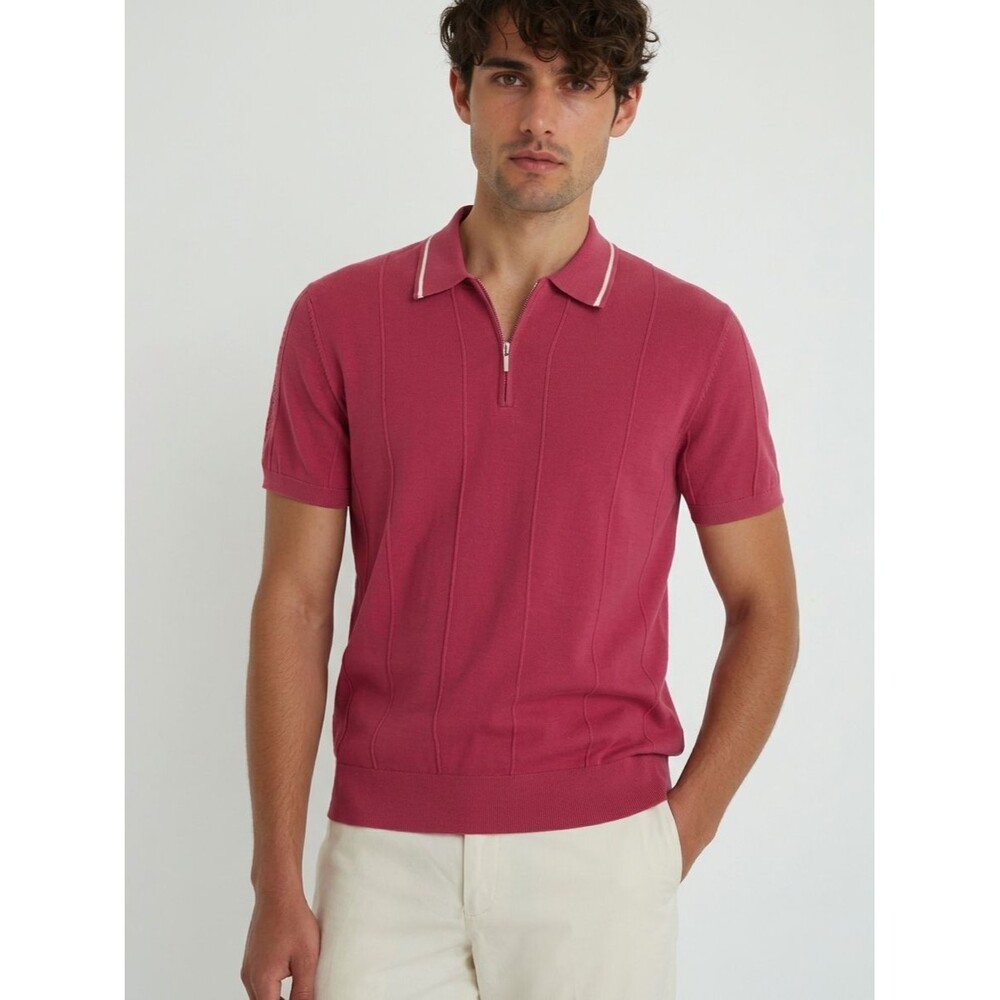 BLOOMINGDALES Polo Shirt Mens XL Pink Textured Knit Quarter Zip Cotton Pullover